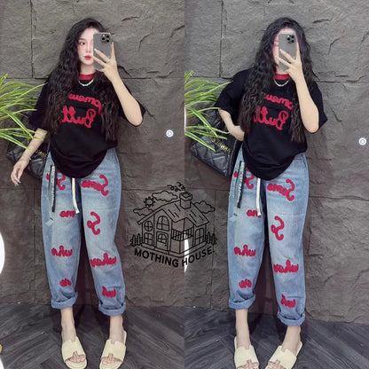 Retro Fashion Suit Women's Summer New Letter Printing Short-sleeved Milk Silk Wide-leg Pants Two-piece Set by All Mart Bristol Ltd