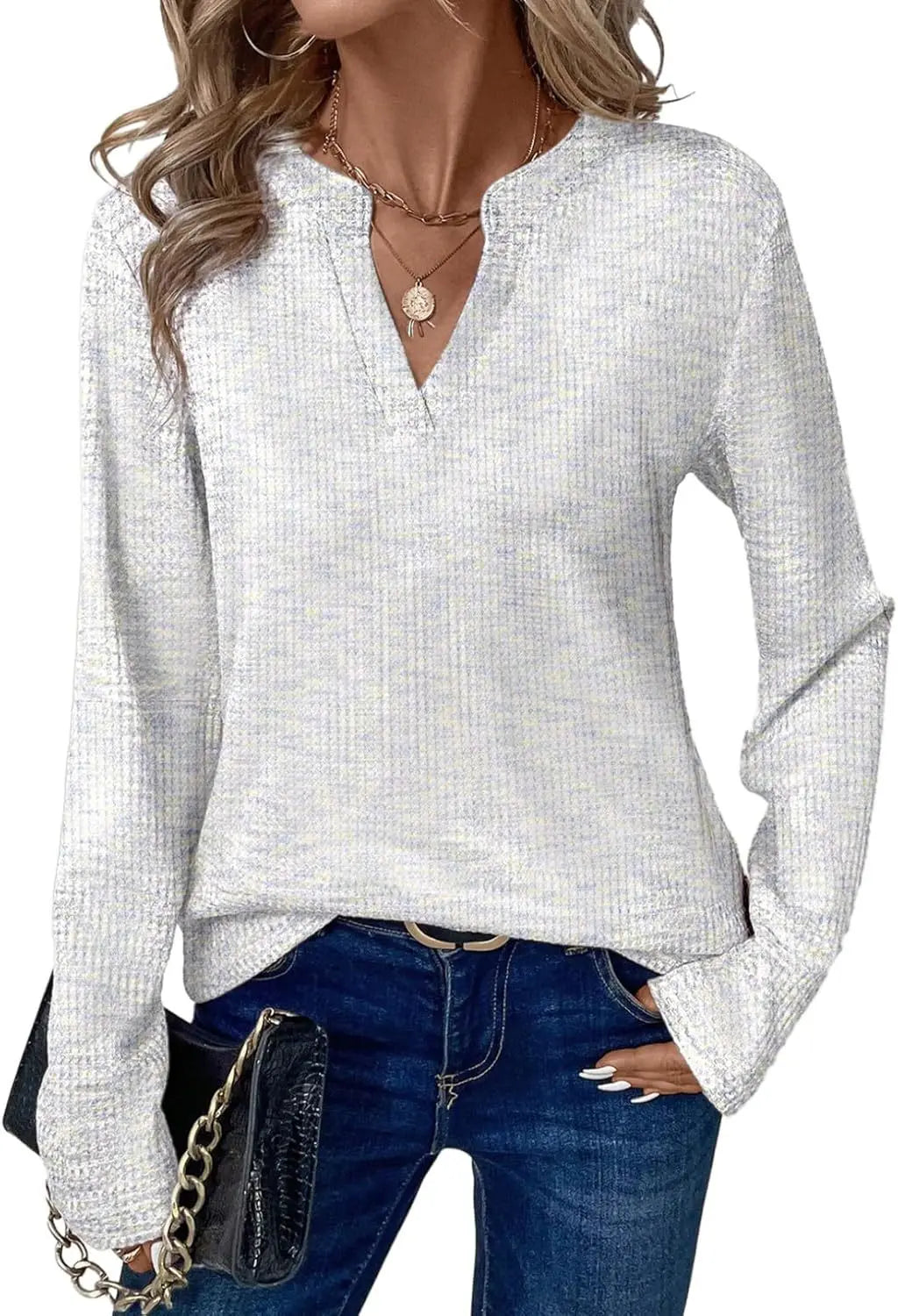 New Womens Notched V-Neck Long Sleeve Space Dye Waffle Knit Blouse Casual Loose Fit Top for Daily Wear by All Mart Bristol Ltd