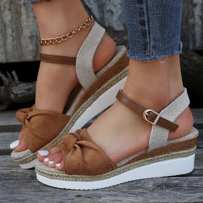 New Thick-soled Bow Sandals Summer Fashion Casual Linen Buckle Wedges Shoes For Women by Dropshipman