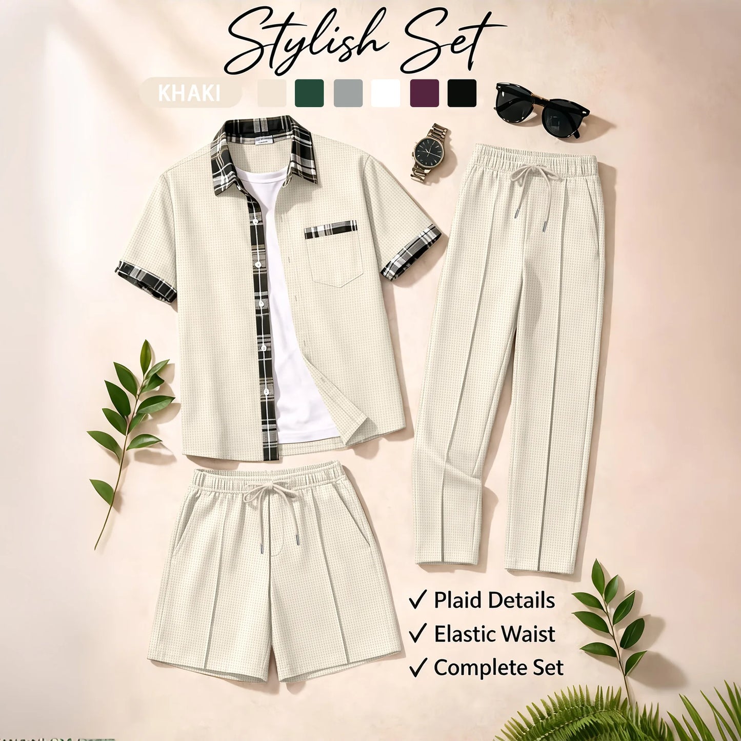 Men's 3 Piece Waffle Knit Tracksuit | Plaid Trim Button Up Shirt & Elastic Waist Shorts & Pants Set | Casual Stylish Outfit for by All Mart Bristol Ltd