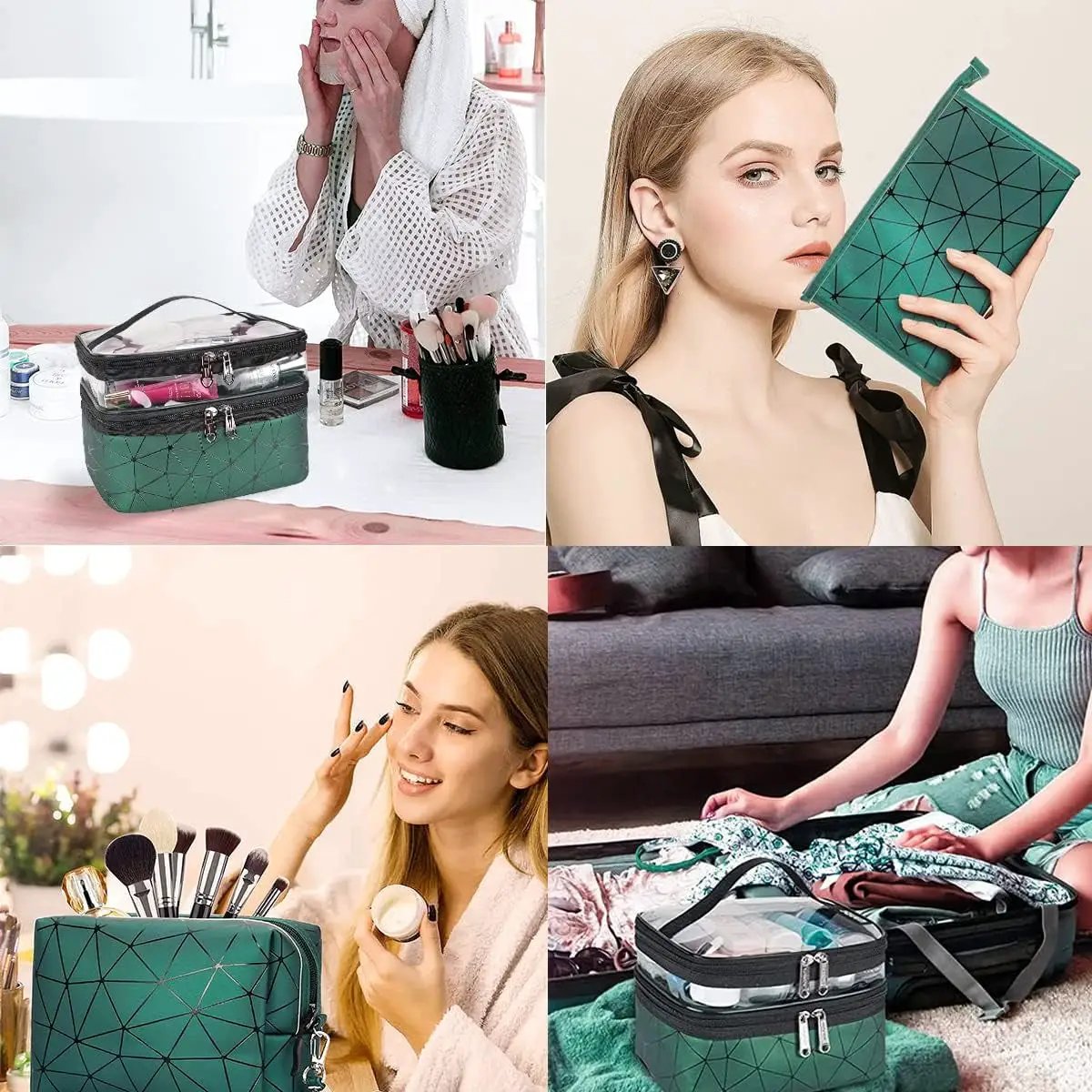 Stylish 3-Piece Makeup Bag Set - Double Layer Cosmetic Organizer & 2 Travel Toiletry Bags with Diamond Pattern in Elegant Green for Men and Women by All Mart Bristol Ltd