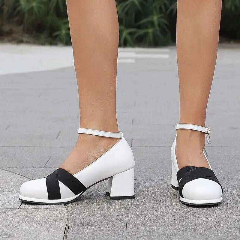 ORCHA LISA Women Pumps Daily Mary Shoes Chunky Heels Ankel Buckle Strap Black Spring Summer Round Toe Shallow Mixed Big Size 43 by All Mart Bristol Ltd