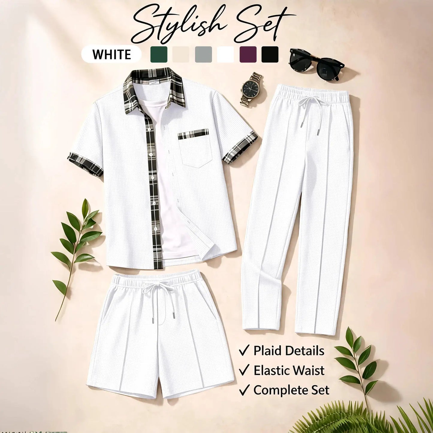 Men's 3 Piece Waffle Knit Tracksuit | Plaid Trim Button Up Shirt & Elastic Waist Shorts & Pants Set | Casual Stylish Outfit for by All Mart Bristol Ltd