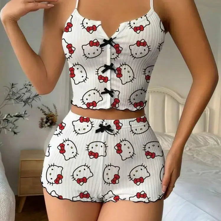 Sanrio Hello Kitty Bowknot Suspender Top Shorts Casual 2pcs Pajama Set Fashionable Thin Shoulder Strap Sexy Sleepwear Soft Pj by All Mart Bristol Ltd
