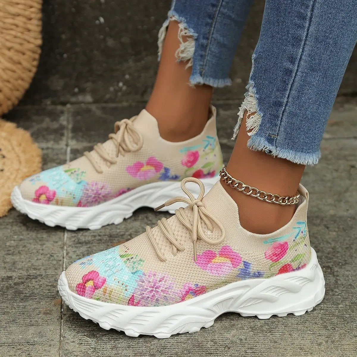 Women's Sports Shoes Flowers Print Walking Sneakers Casual Breathable Lace-up Mesh Shoes by Dropshipman