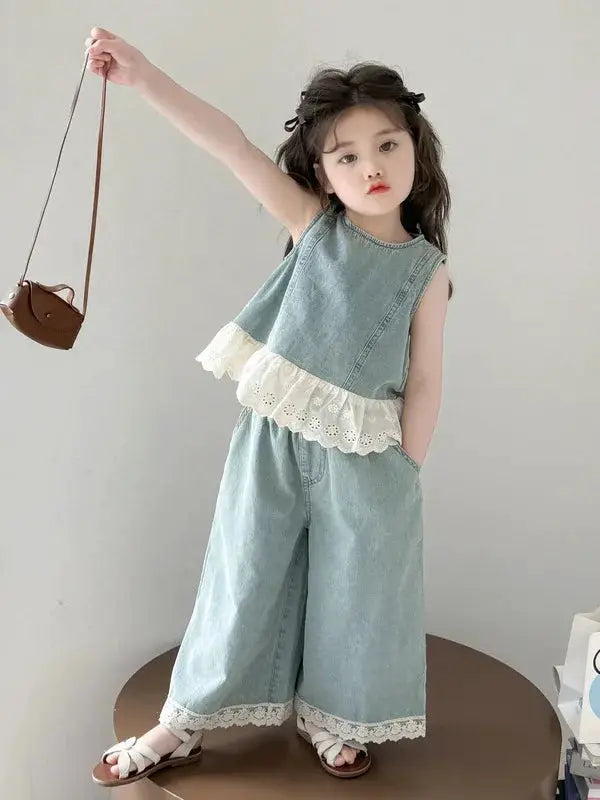 Girls' Summer Denim Vest Set Baby Fashionable Two-Piece Suit Breathable Lightweight Moisture-Wicking Machine Washable Sunscreen by All Mart Bristol Ltd
