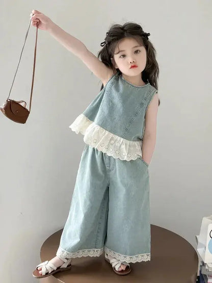 Girls' Summer Denim Vest Set Baby Fashionable Two-Piece Suit Breathable Lightweight Moisture-Wicking Machine Washable Sunscreen by All Mart Bristol Ltd