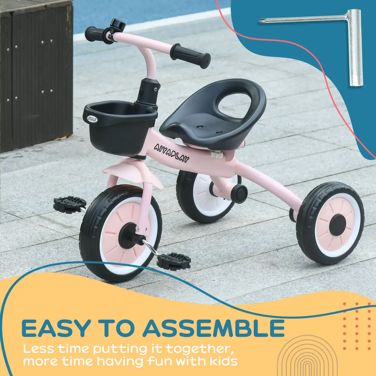 Kids Trike, Tricycle with Adjustable Seat, Basket, Bell for Ages 2-5 Years Pink by AIYAPLAY