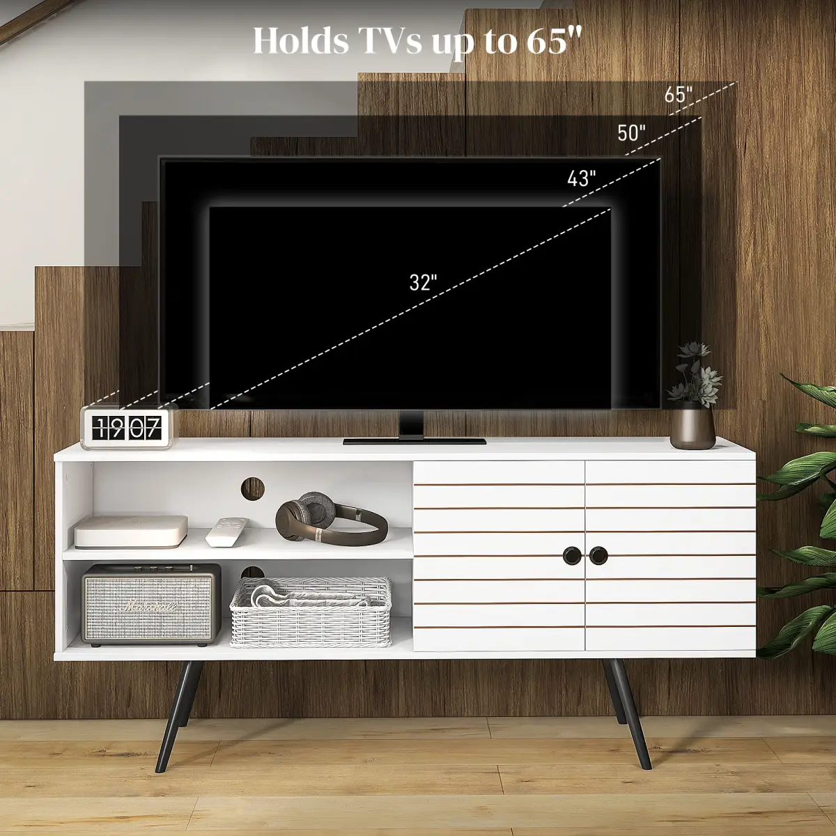HOMCOM TV Unit for 65" TVs with 2 Open Shelves, Door and 2 Cable Holes, White by HOMCOM