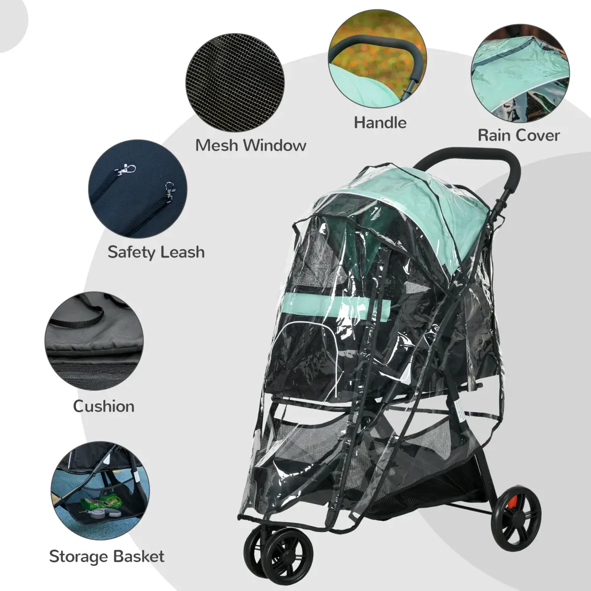 PawHut Dog Stroller for XS Dogs, S Dogs, Cats with Rain Cover - Green by PawHut