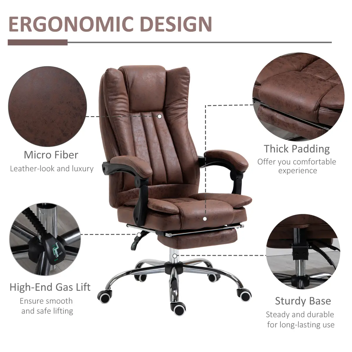 Executive Office Chair Computer Swivel Chair for Home with Arm, Footrest, Brown by Vinsetto