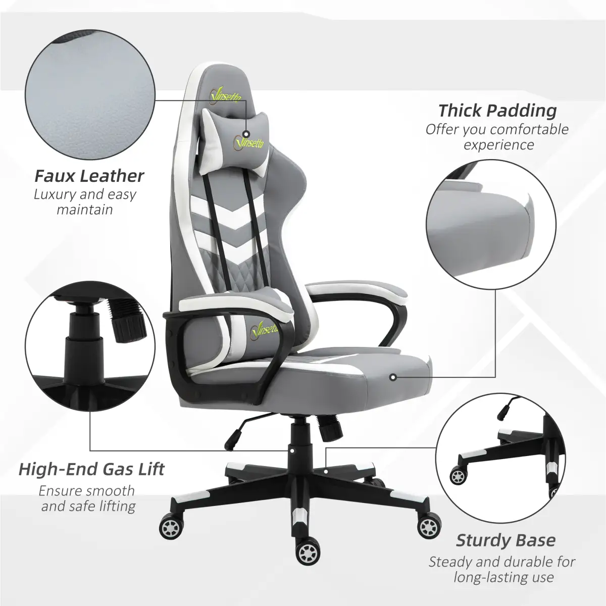 Racing Gaming Chair w/ Lumbar Support, Headrest, Gamer Office Chair, Grey White by Unbranded
