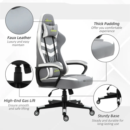 Racing Gaming Chair w/ Lumbar Support, Headrest, Gamer Office Chair, Grey White by Unbranded