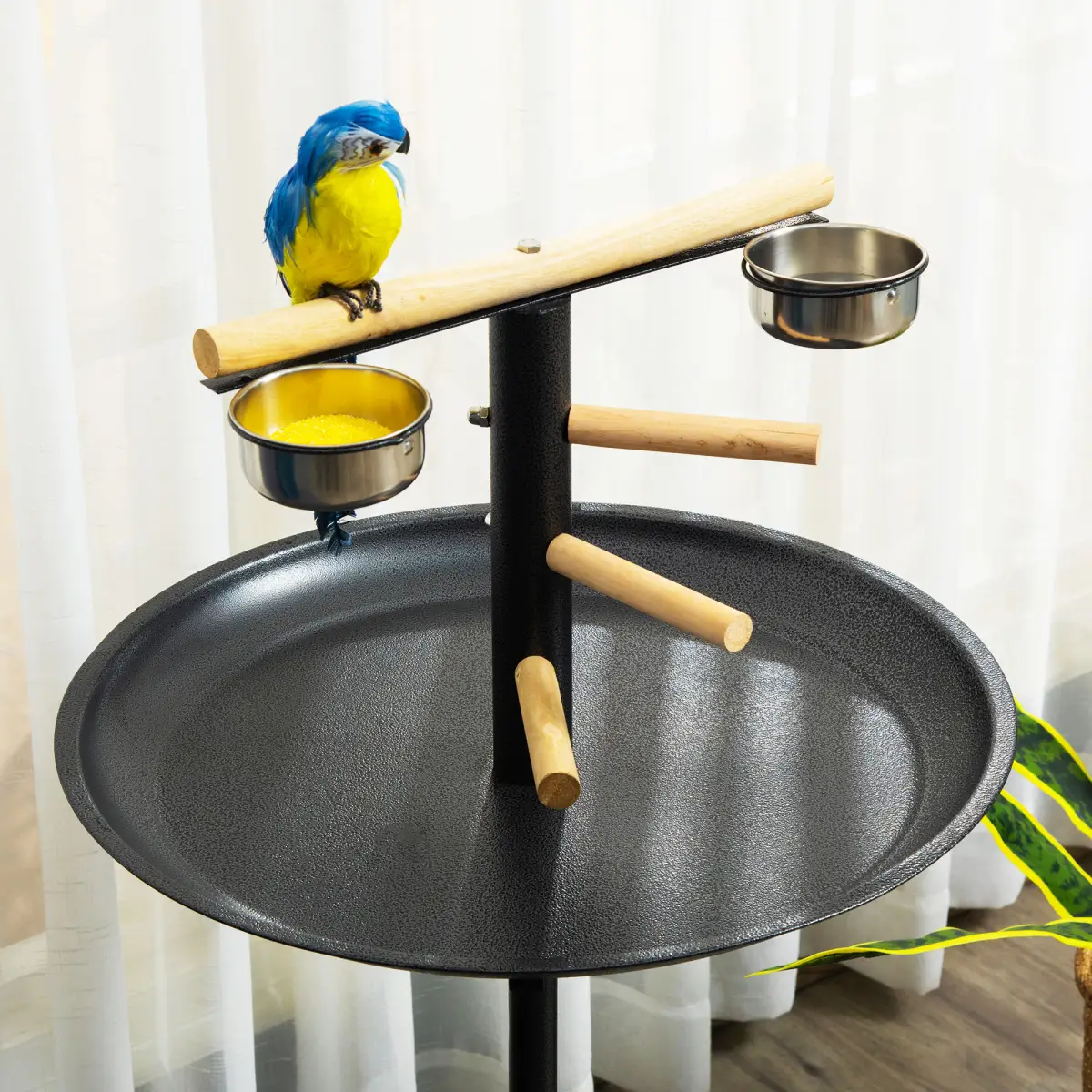 Bird Play Stand Portable Feeder Station w/ Wooden Perches, Stainless Steel Bowls by Pawhut