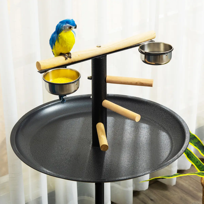 Bird Play Stand Portable Feeder Station w/ Wooden Perches, Stainless Steel Bowls by Pawhut