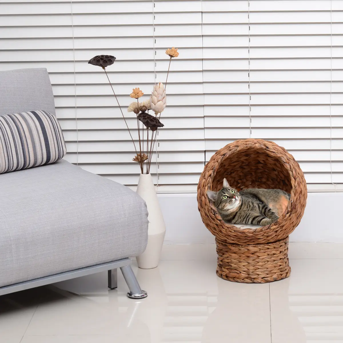 Wicker Cat House, Raised Cat Bed with Cylindrical Base, 42 x 33 x 52cm by PawHut