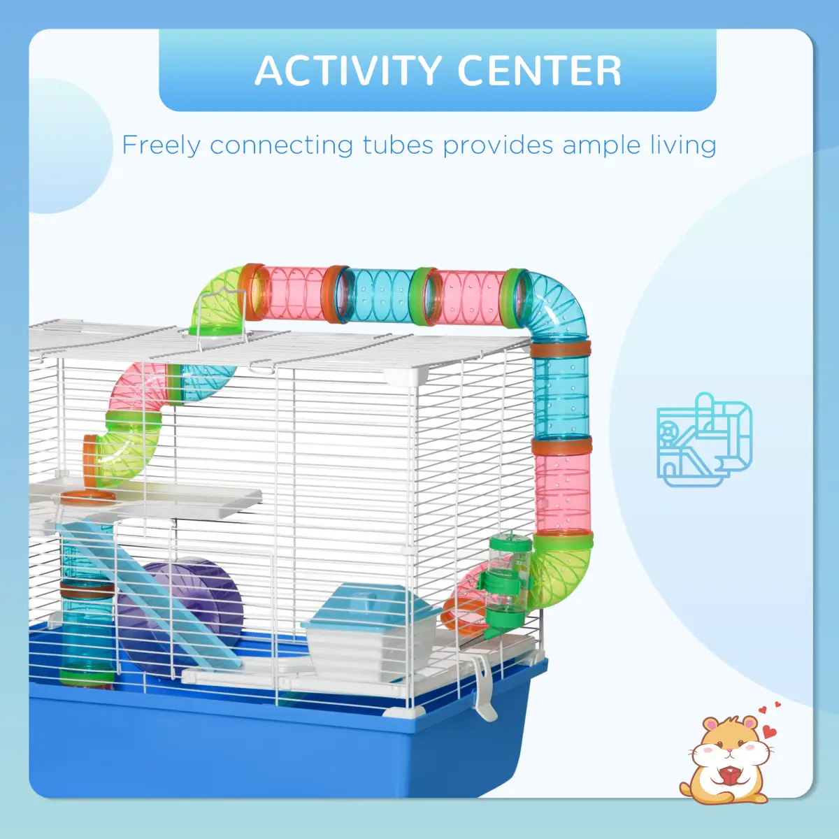 Hamster Cage Rodents House w/ Tubes Exercise Wheel, Water Bottle - Blue by Pawhut