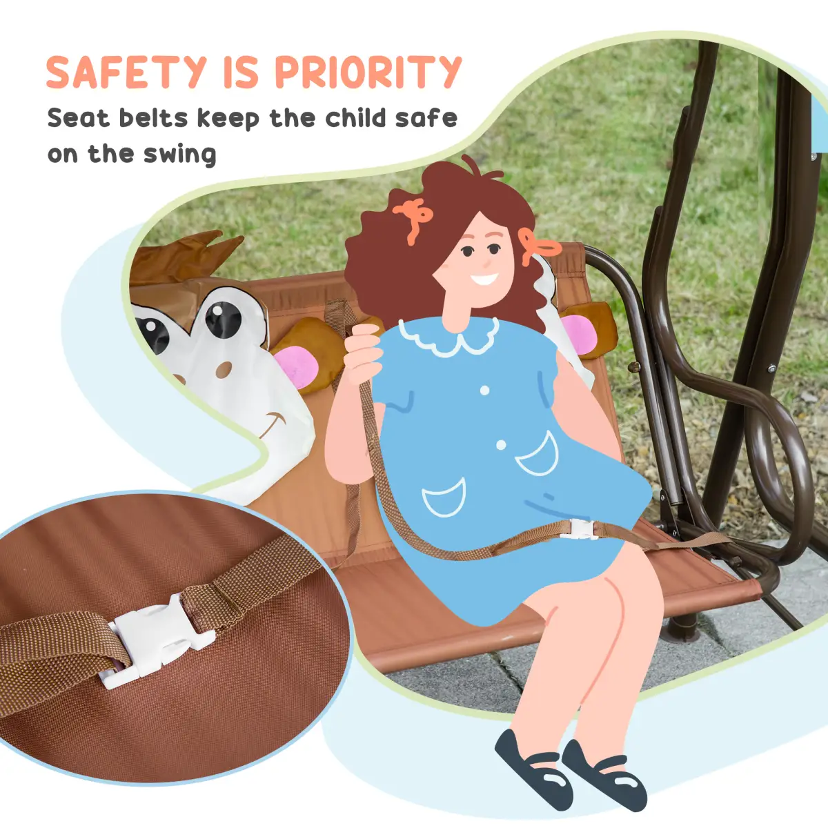 Two-Seat Kids Canopy Swing Chair Adjustable Awning, Seatbelt by Outsunny