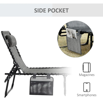 Portable Sun Lounger, Folding Camping Adjustable , Pillow Grey by Outsunny