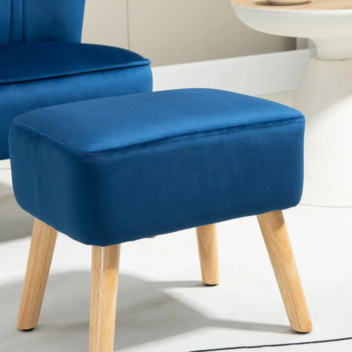Velvet-Feel Accent Chair w/ Ottoman Tub Seat Padding Wood Legs Dark Blue by HOMCOM