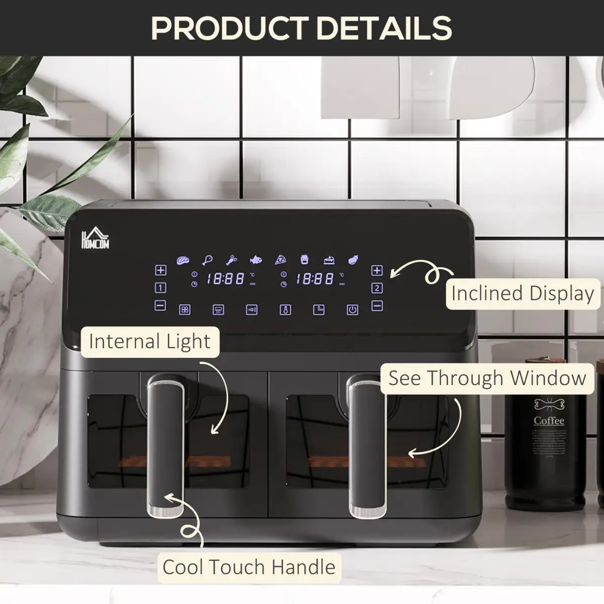 Dual Air Fryer 8L Family Size w/ 2 Basket 8 Presets Cookbook Timer 2500W by HOMCOM