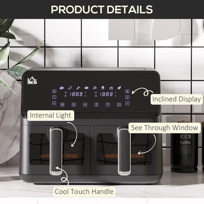 Dual Air Fryer 8L Family Size w/ 2 Basket 8 Presets Cookbook Timer 2500W by HOMCOM