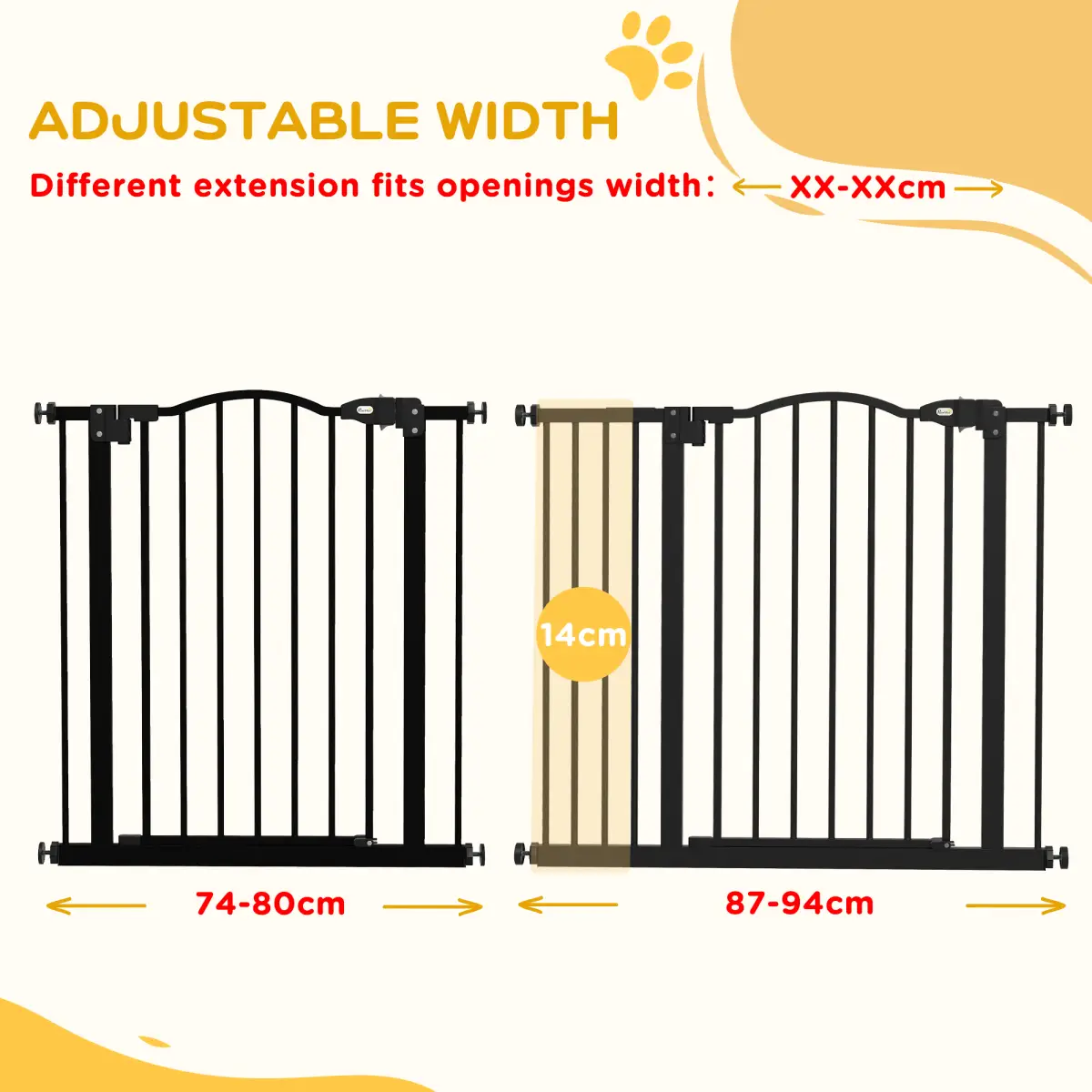 PawHut 74-94cm Adjustable Metal Pet Gate Safety Barrier w/ Auto-Close Black by PawHut