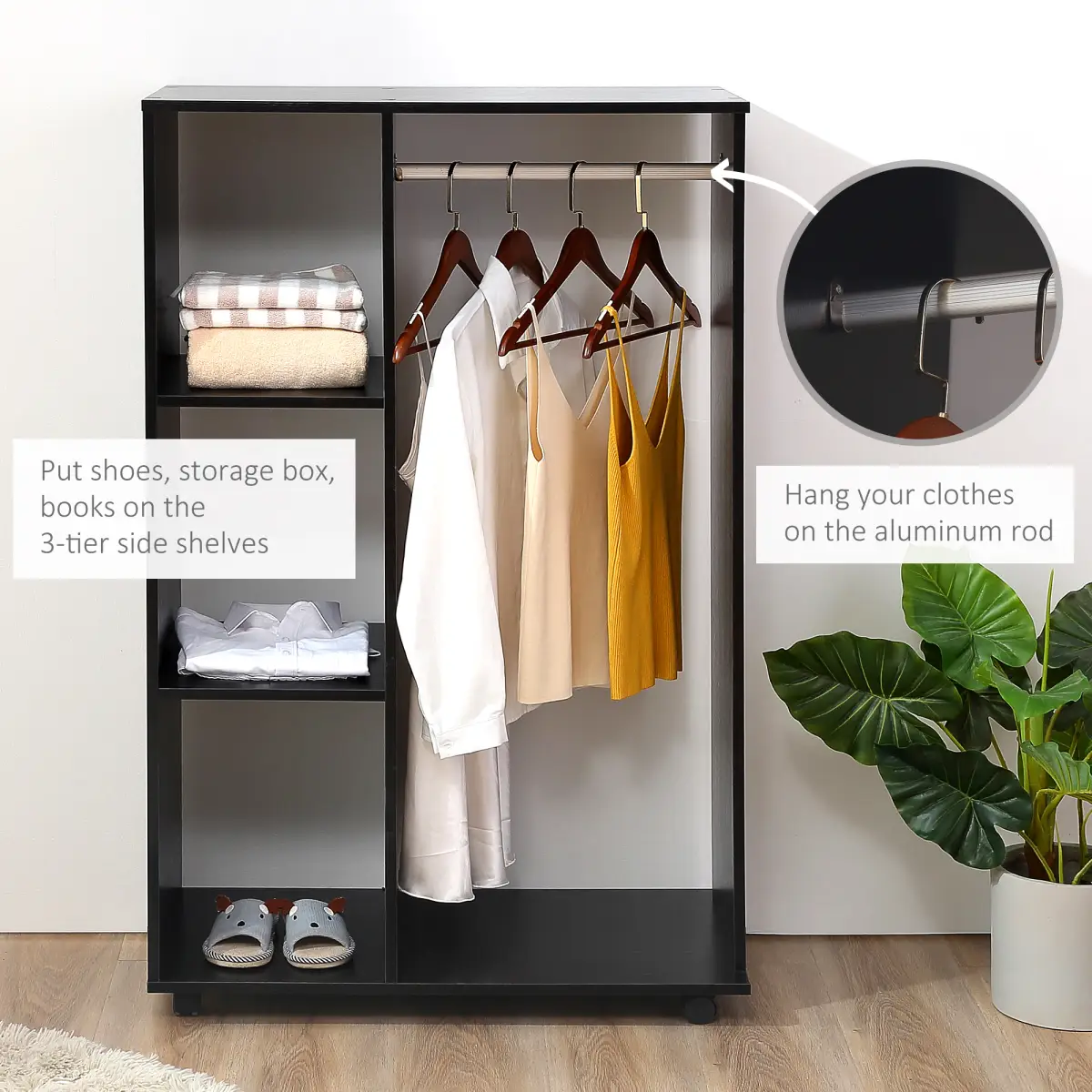 Rolling Open Wardrobe Hanging Rail Storage Shelves for Clothes, Black by HOMCOM