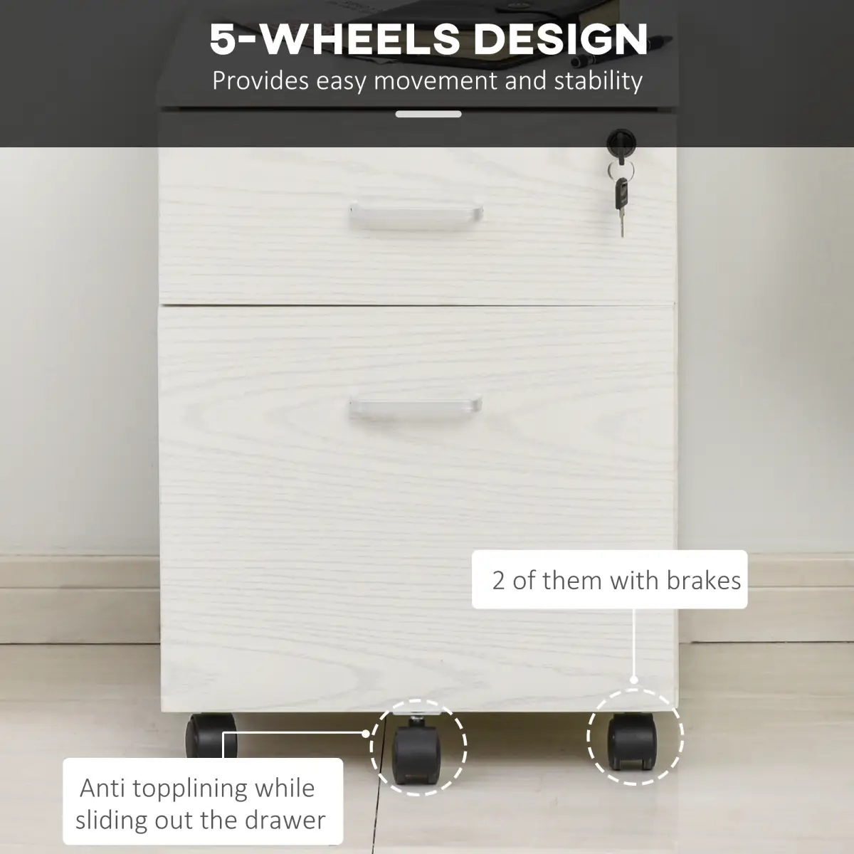 2-Drawer Locking Office Filing Cabinet 5 Wheels Rolling Storage White Vinsetto by Unbranded