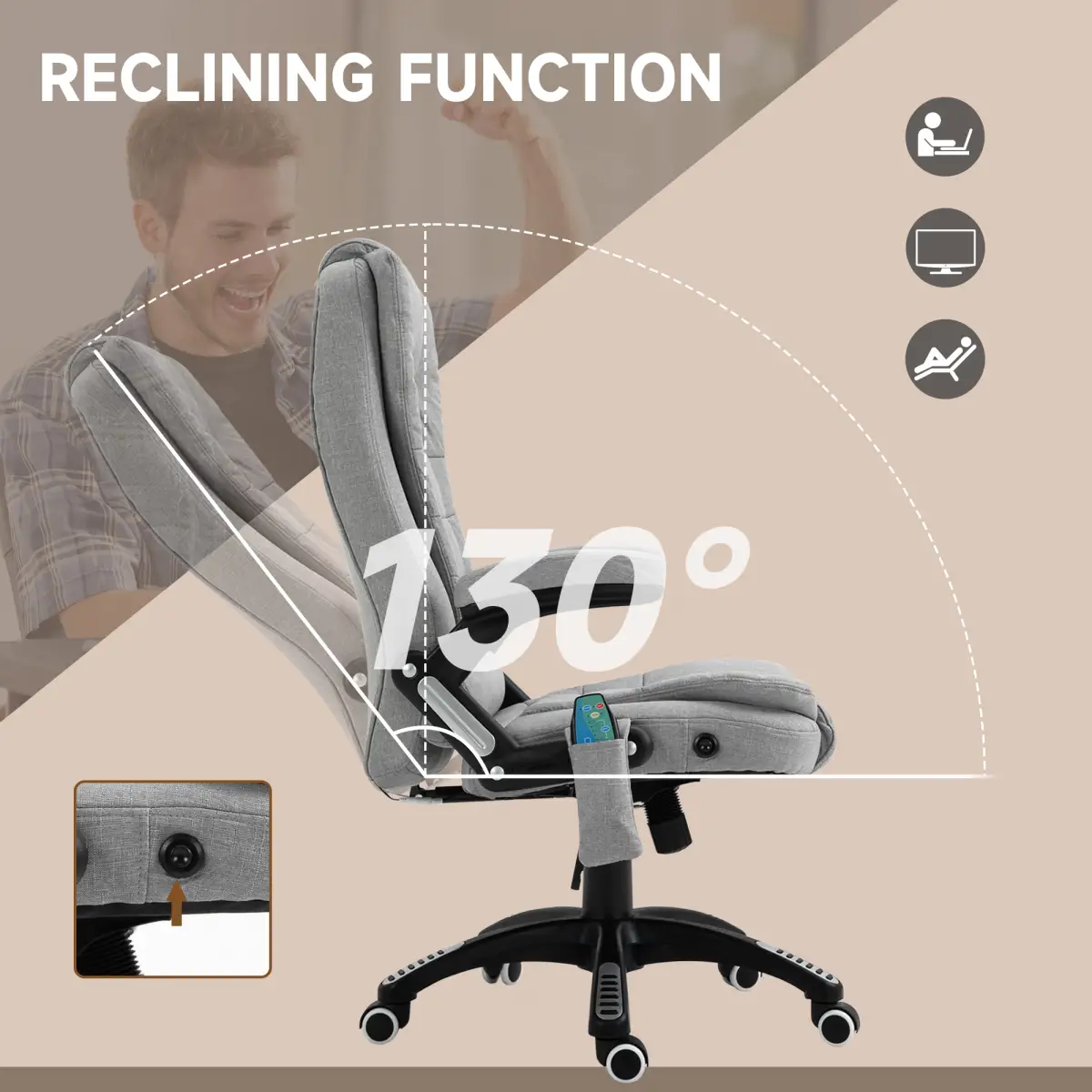Executive Reclining Chair w/ Heating Massage Points Relaxing Headrest Grey by Unbranded