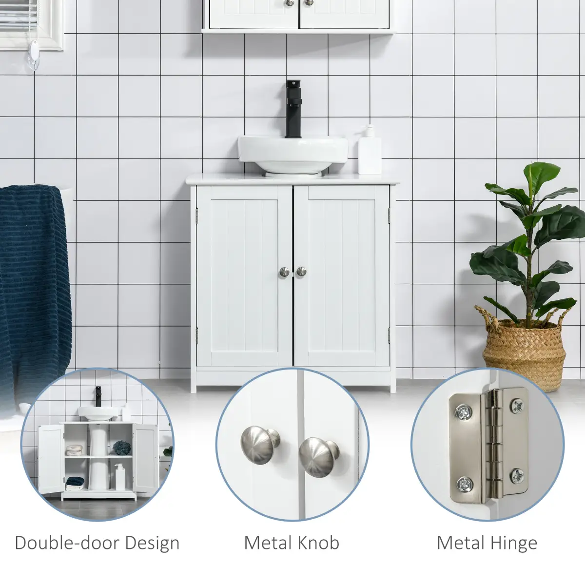 kleankin 60x60cm Under-Sink Storage Cabinet Adjustable Shelf Drain Hole White by Unbranded
