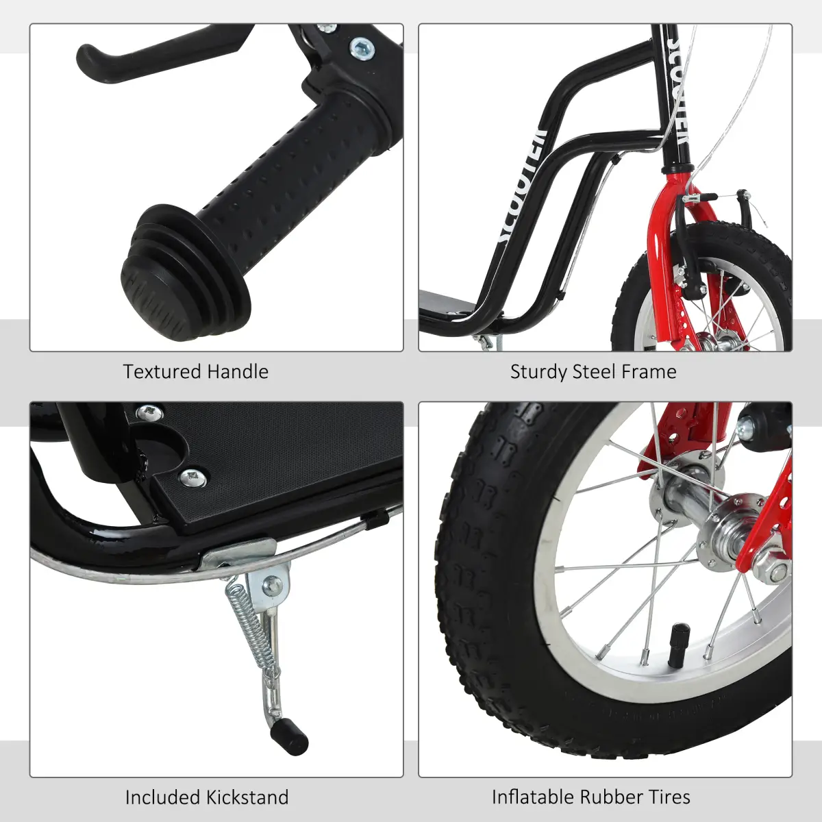 HOMCOM 75-80cm Kids Kick Scooter Adjustable Handlebar Inflatable Wheels Black by Unbranded