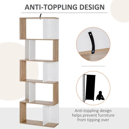 5-tier Display Shelving Storage Bookcase S Shape design Unit Natural by HOMCOM