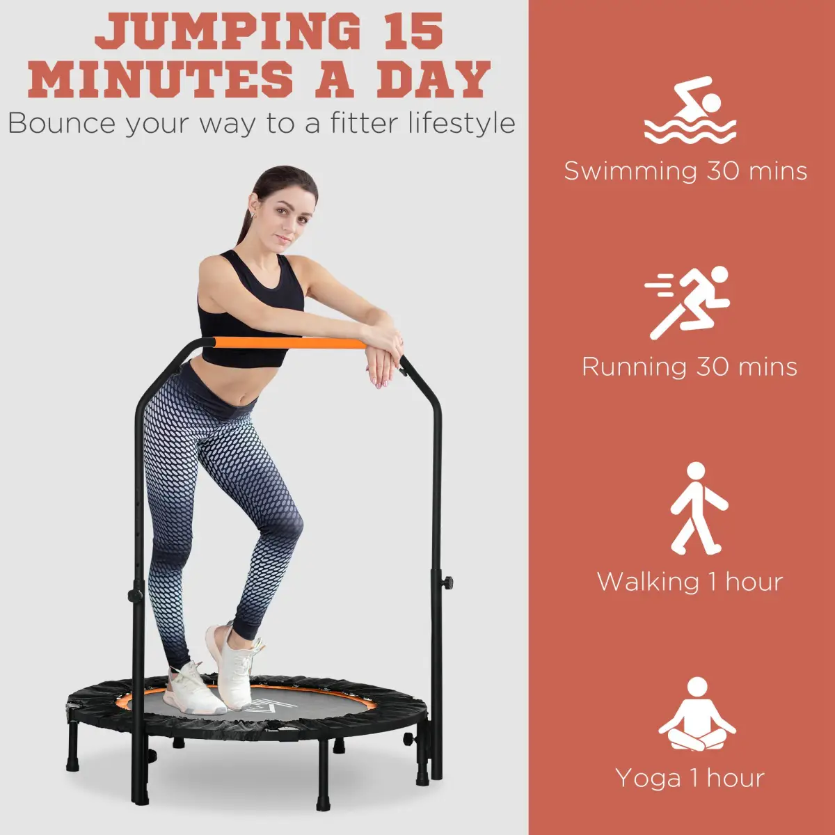 40" Foldable Mini Fitness Trampoline Rebounder Adjustable Foam Handle HOMCOM by Unbranded