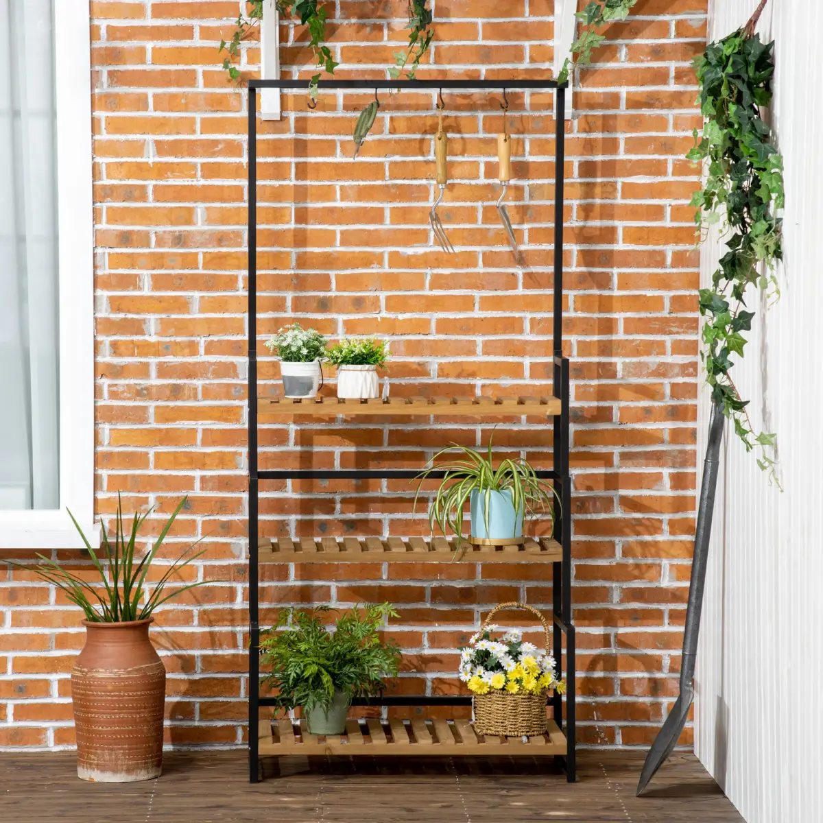 3 Tiered Plant Stand Rack with Hanging Hooks for Indoor Outdoor Decoration by Outsunny