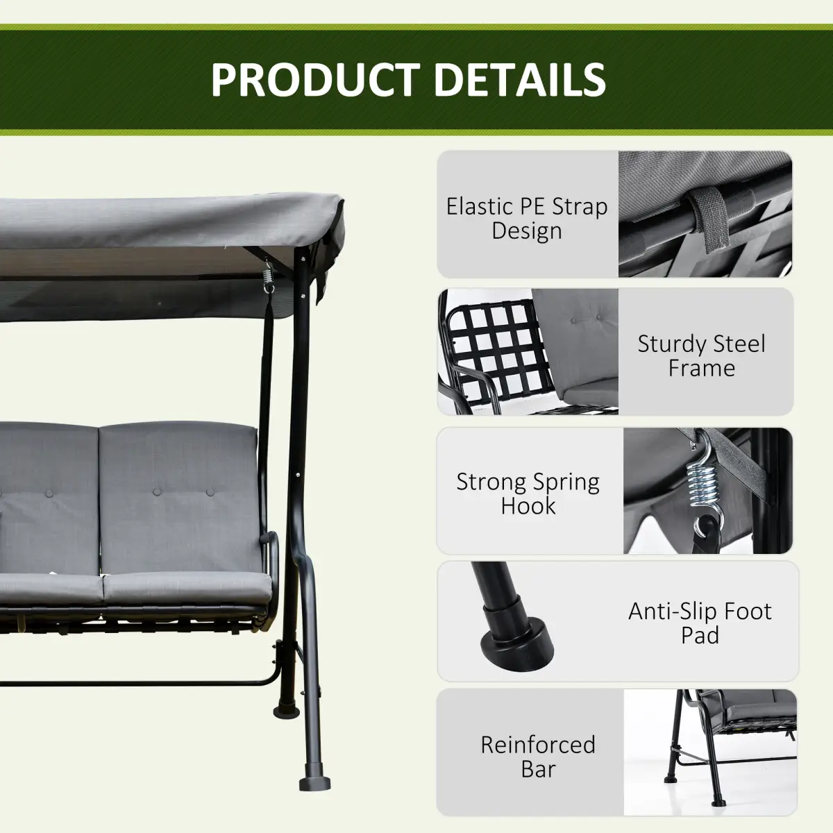3 Seater Swing Chairs Thick Padded Seat Hammock Canopy Bench Bed - Grey by Outsunny
