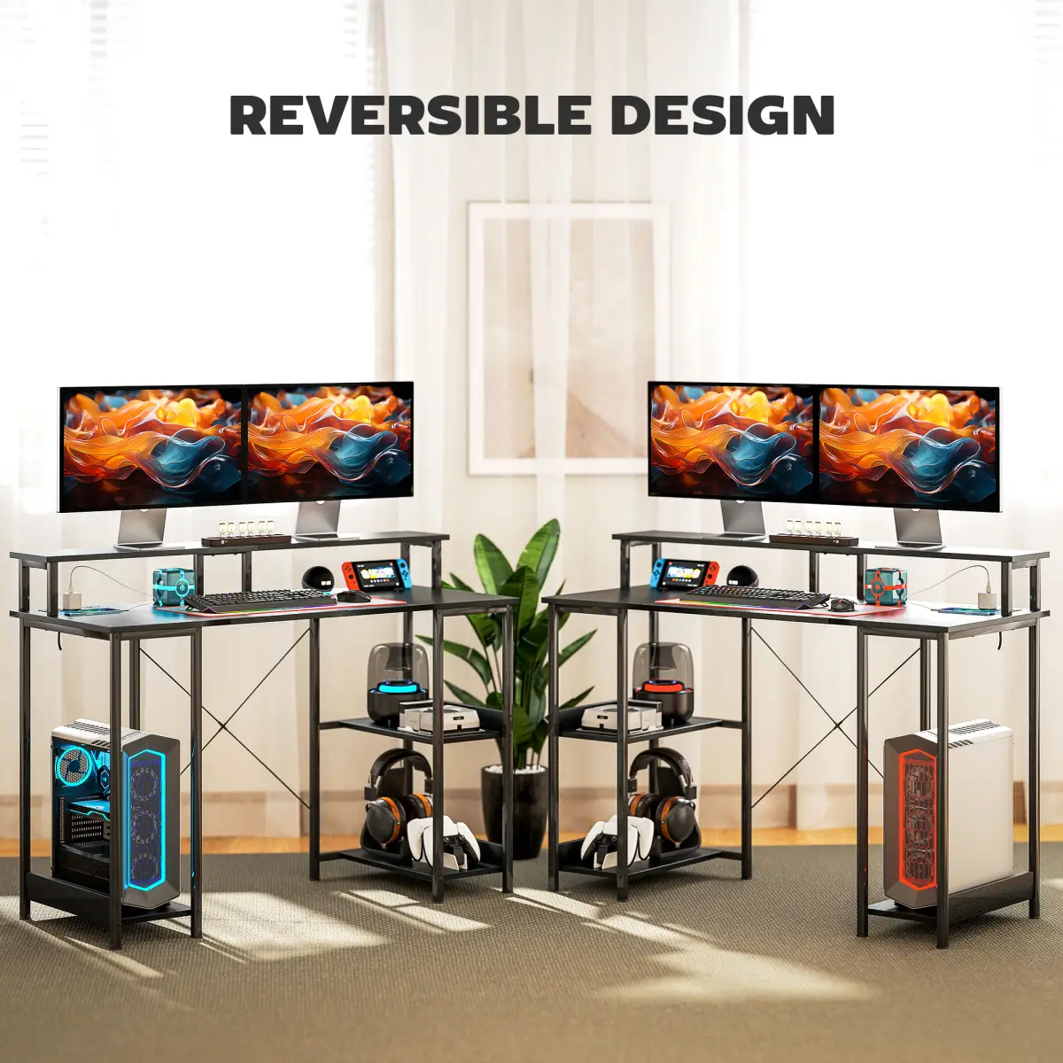 HOMCOM Computer Desk Reversible Home Office Desk with Storage Black by HOMCOM