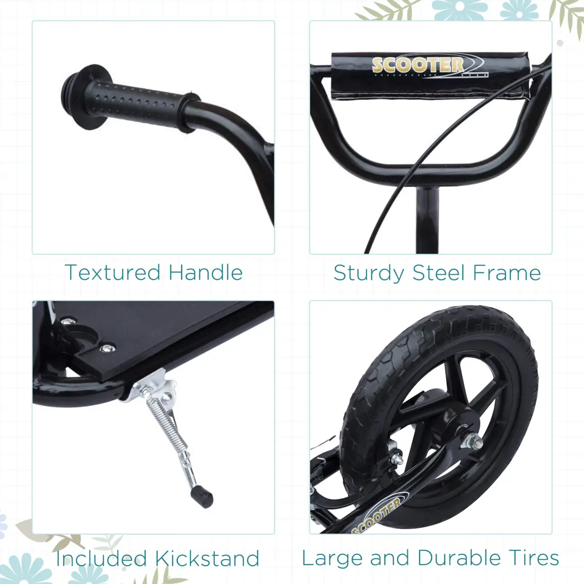Push Scooter Teen Kids Stunt Bike Ride On with 12" EVA Tyres, Black HOMCOM by Unbranded