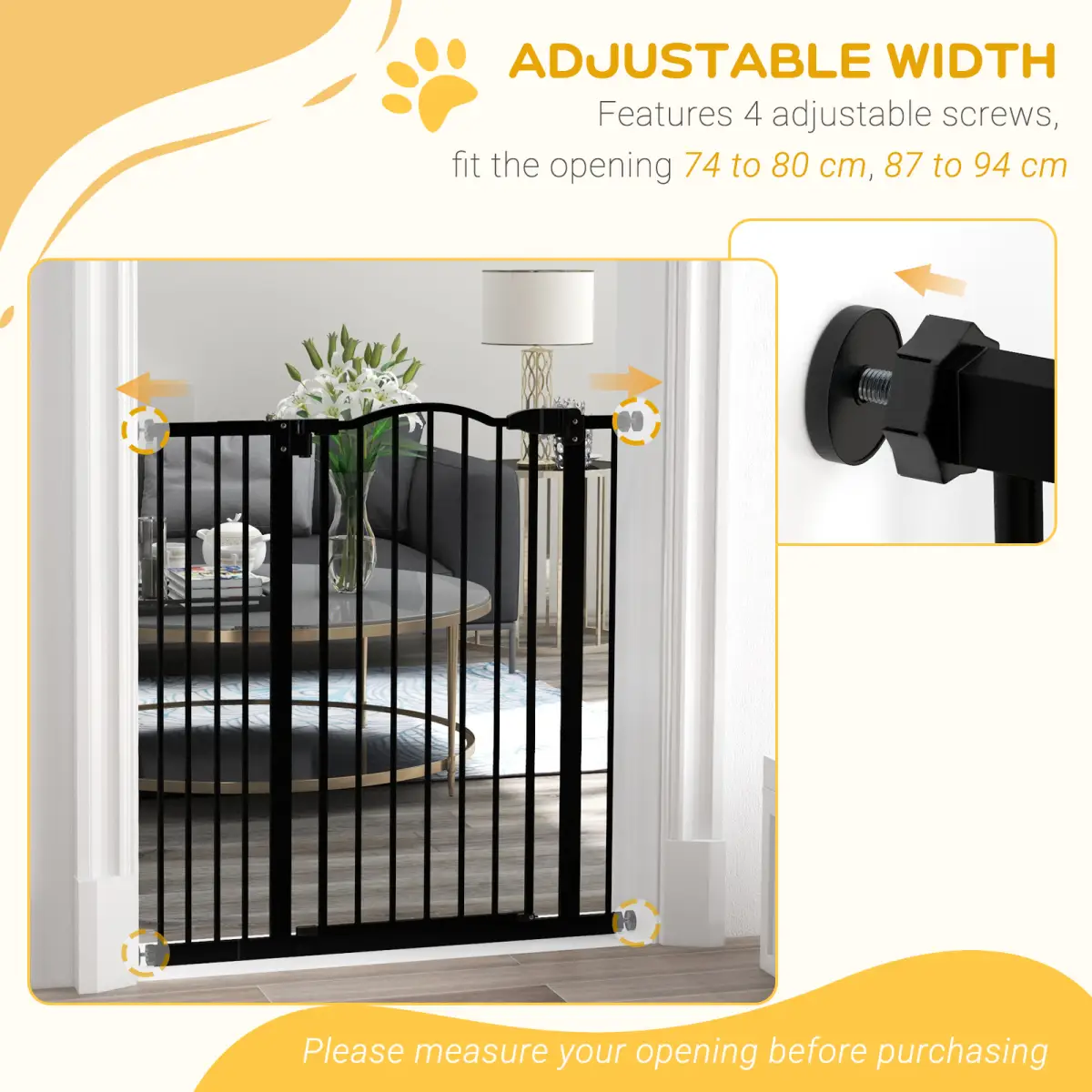 PawHut 74-94cm Adjustable Metal Pet Gate Safety Barrier w/ Auto-Close Door Black by PawHut