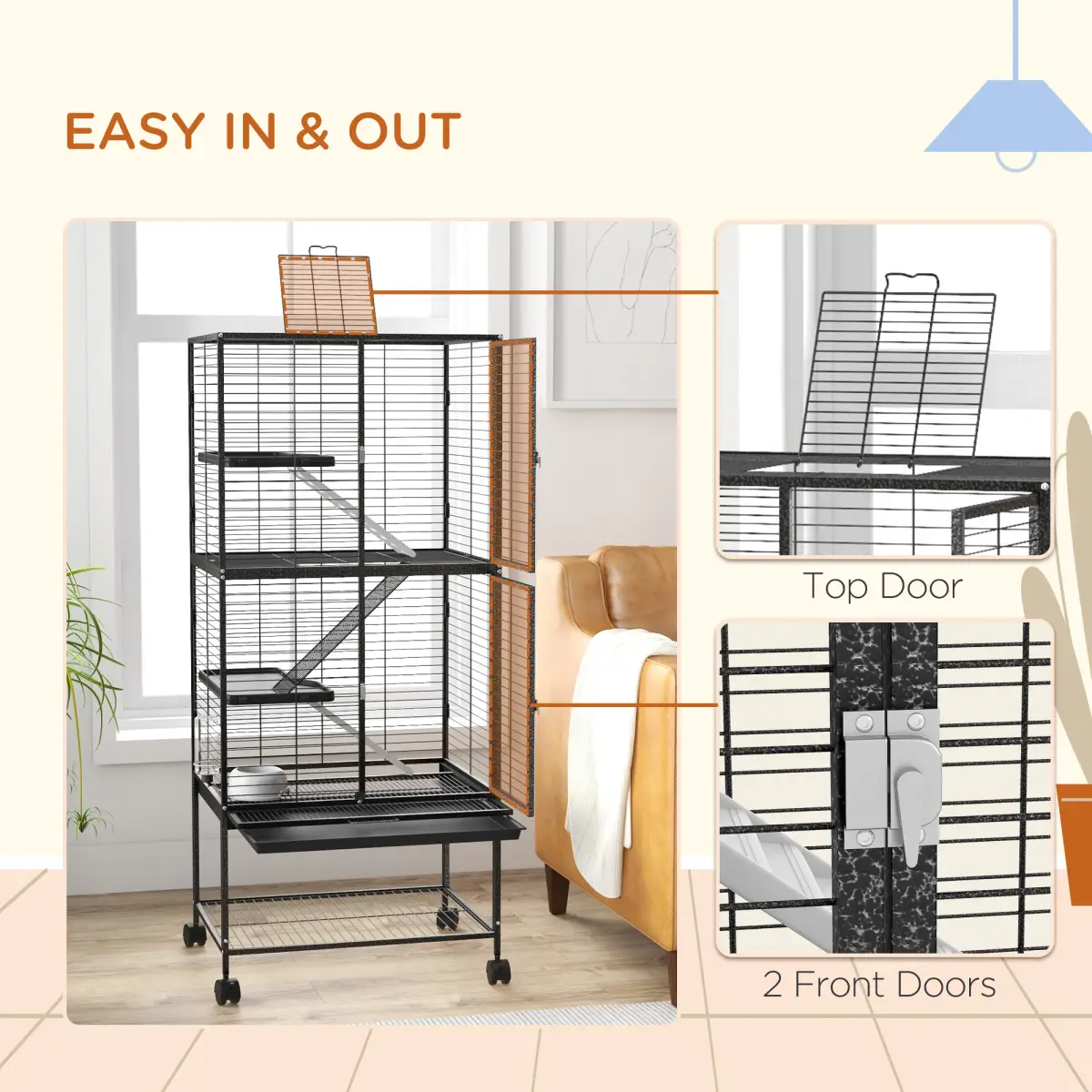 PawHut Ferret Cage 136cm Rolling Small Animal Cage w/ 3 Doors, Storage Shelf by PawHut