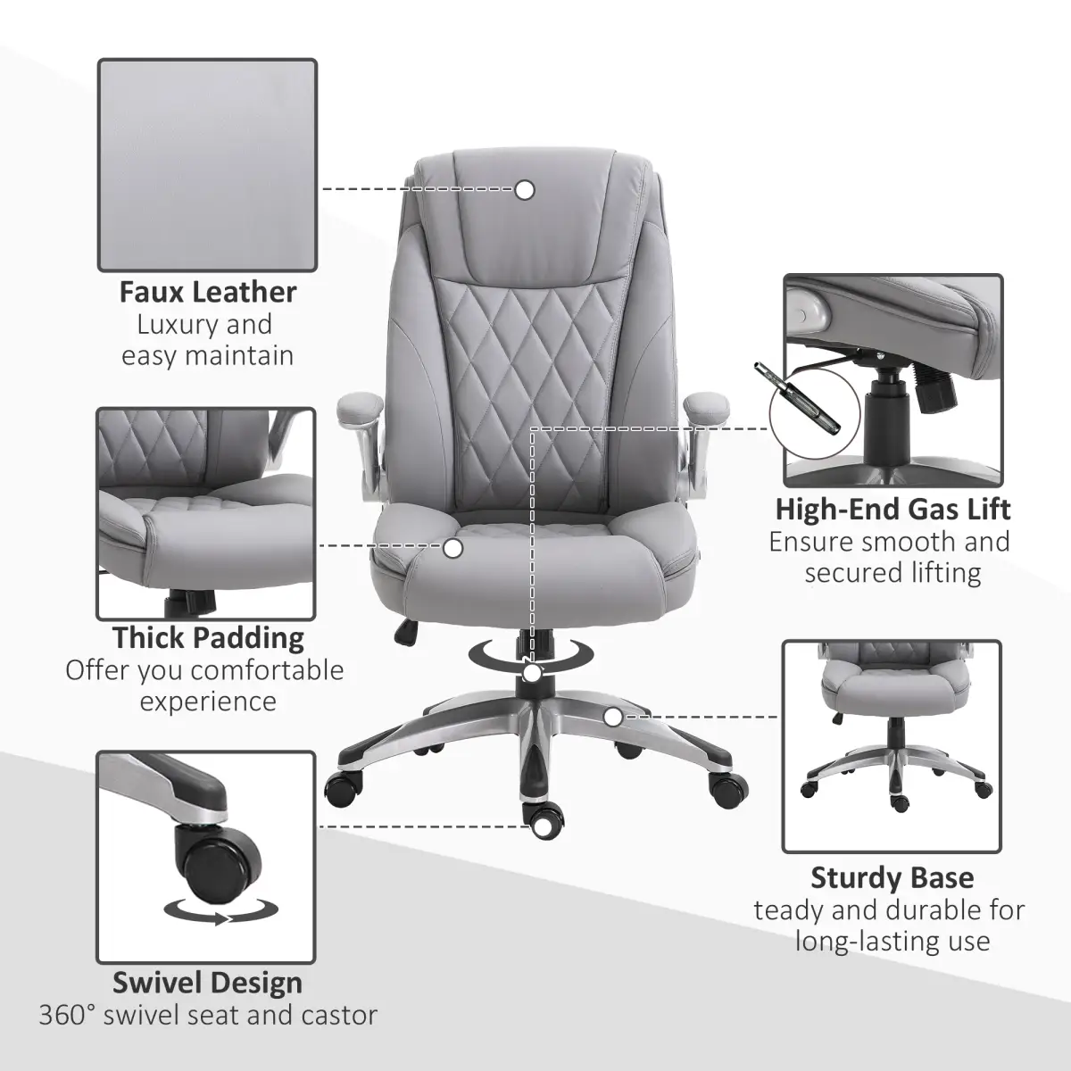 High Back Executive Office Chair Home Swivel PU Leather Chair, Grey by Vinsetto