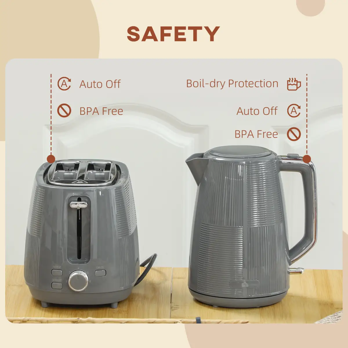 HOMCOM 1.7L Fast Boil Electric Kettle and 2 Slice Water Toaster Set, Grey by HOMCOM