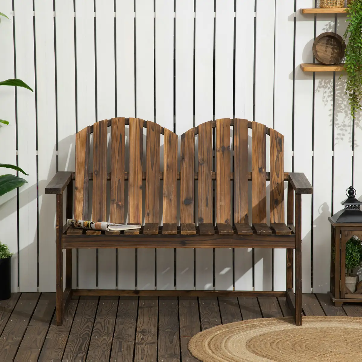 Outdoor Wooden Bench for Two People, Patio Loveseat Chair with Slatted Backrest by Outsunny