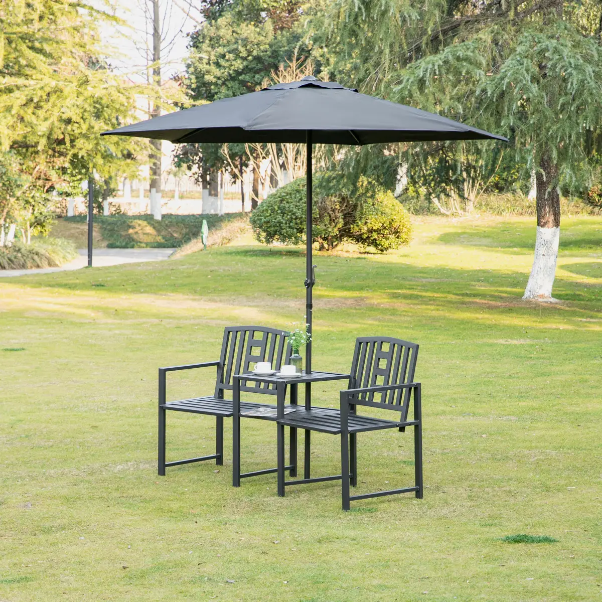 2 Seat Garden Chair Bench Loveseats w/Coffee Table Slatted Design Patio Yard by Unbranded
