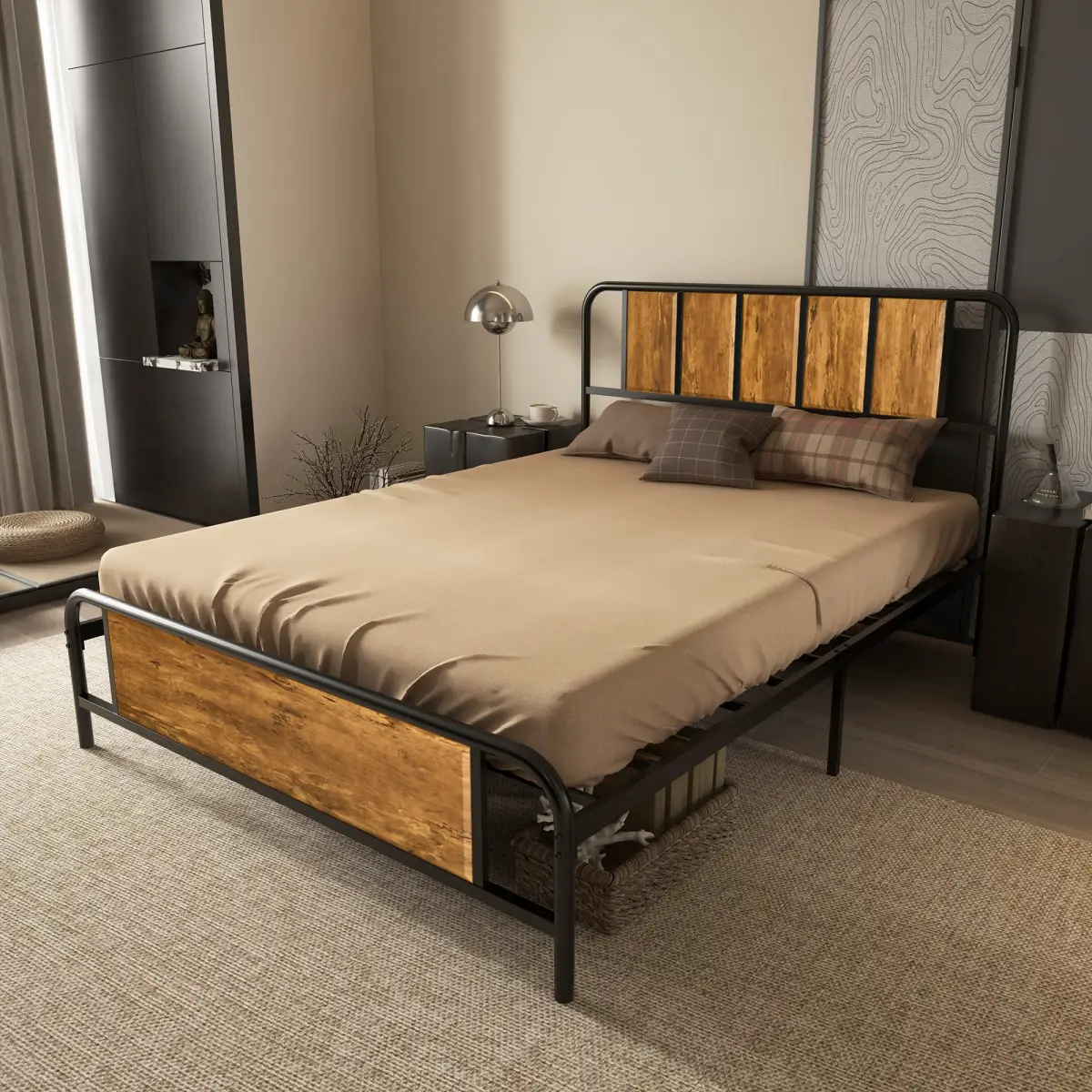 Double Bed Frame Steel Bed Base with Headboard 145 x 199cm Brown by HOMCOM