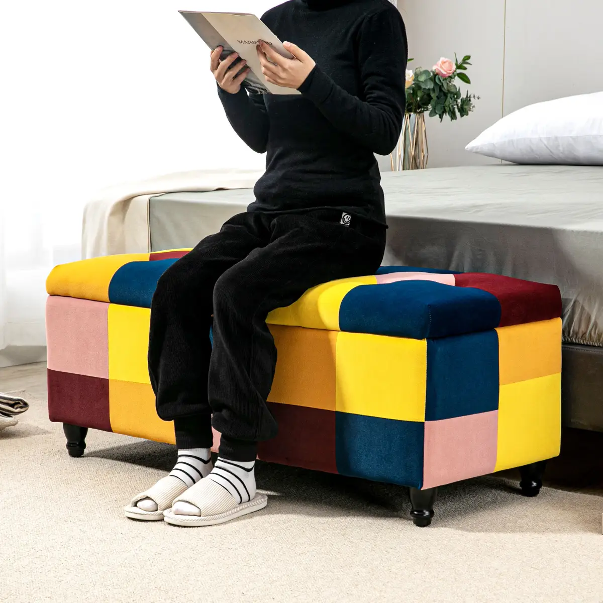 114 x 47 x 47cm Velvet Storage Ottoman, Button-tufted Footstool Box by HOMCOM
