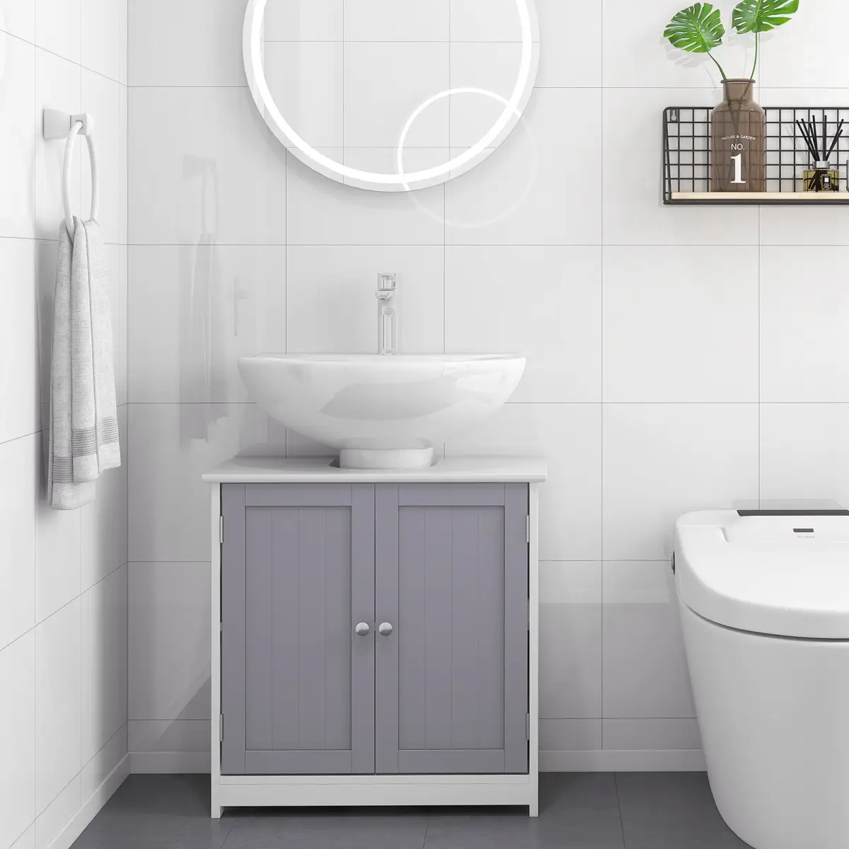 kleankin 60x60cm Under-Sink Storage Cabinet w/ Adjustable Shelf Grey White by Unbranded