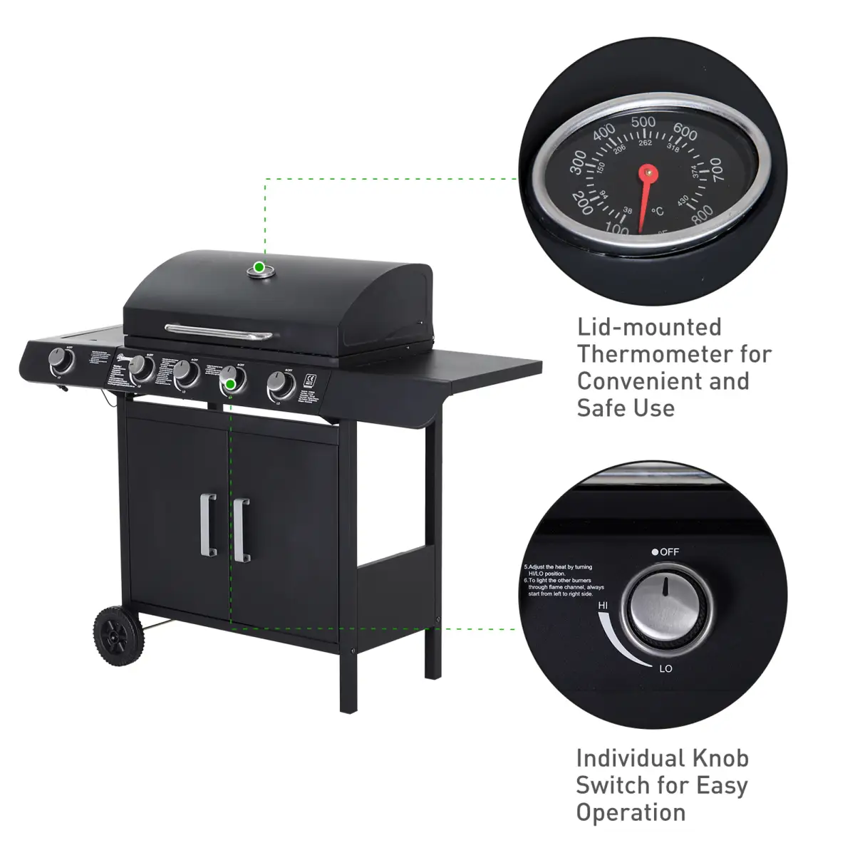 4 Gas BBQ Grill with Wheels, Steel-Black by Outsunny
