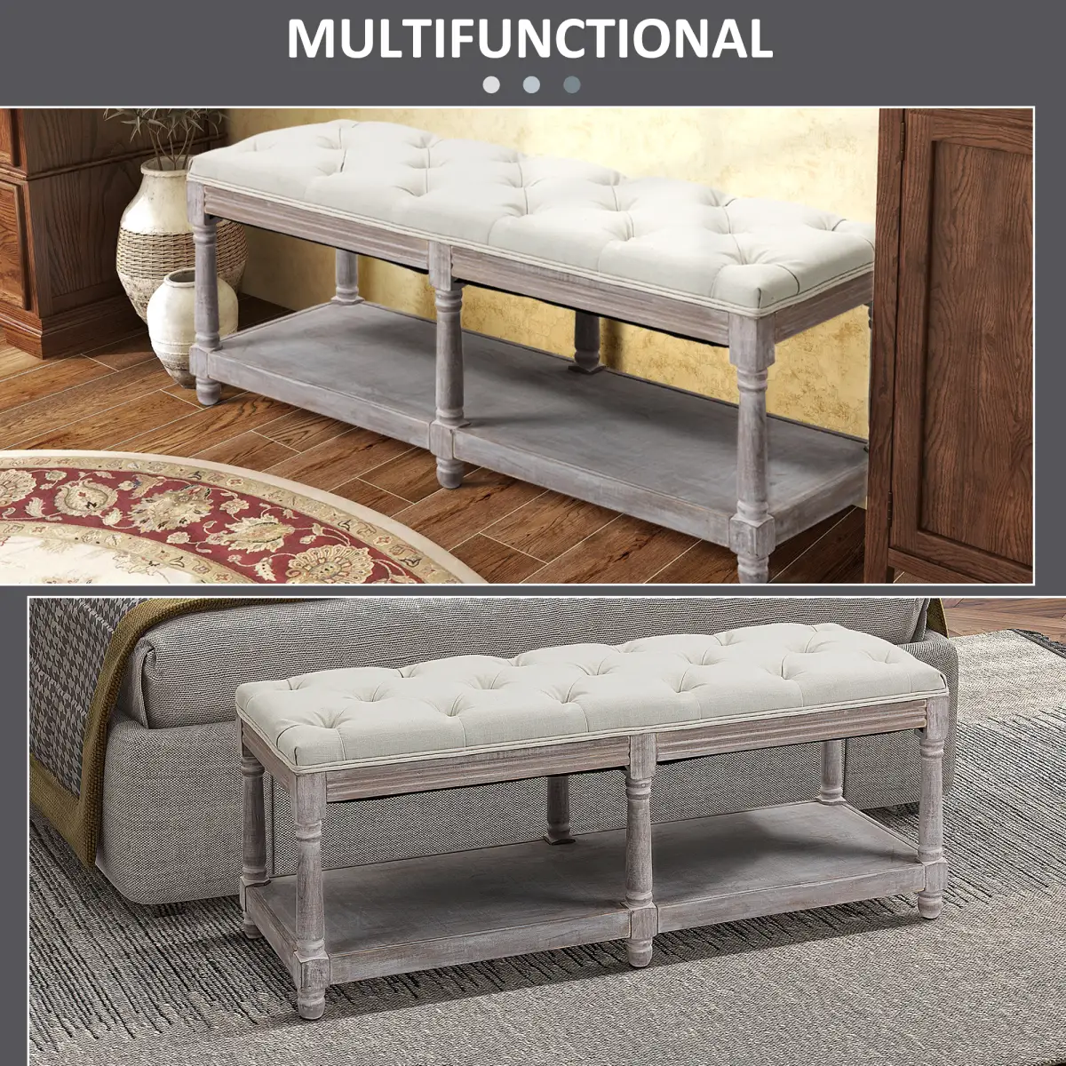 HOMCOM 2-Tier Bed End Bench, Vintage Stool Button Tufted Seat Cream White by Unbranded