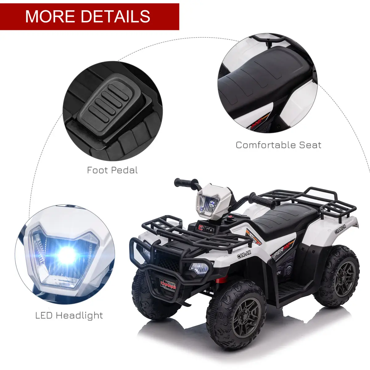 HOMCOM 12V Electric Quad Bike for Kids w/ LED Headlights, Music - White by HOMCOM